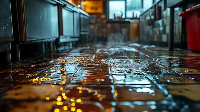 Overflowing grease trap leaking onto a filthy kitchen floor
