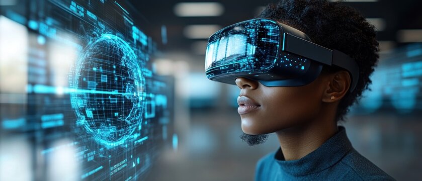 Woman wearing VR headset looking at a glowing digital globe - Powered by Adobe