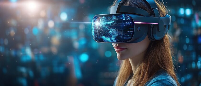 Woman Experiencing Virtual Reality with a World Map Displayed