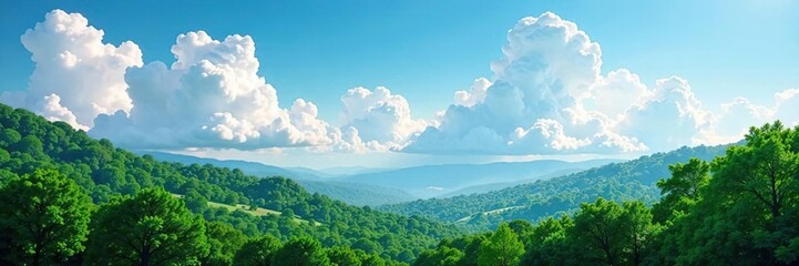 Fototapeta premium White cloud formations above a lush green forest, clouds, weather