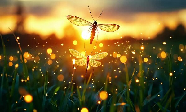 Dragonflies sunset meadow magic nature bokeh