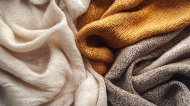 Cozy textures: soft knitted fabrics in cream, mustard, and taupe layers