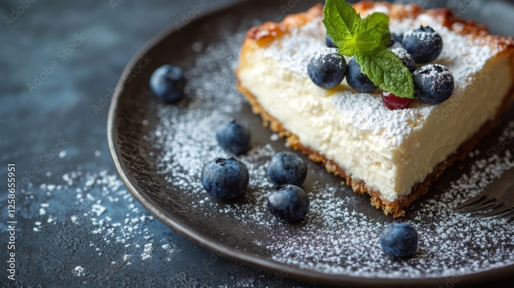 Wall mural Blueberry cheesecake slice with powdered sugar and mint on dark plate