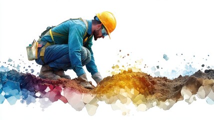 National Safe Digging Month. Construction worker in protective gear with dynamic abstract background for industrial design