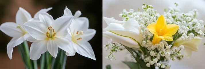 A charming display of white and yellow flowers arranged elegantly in a vase, showcasing their natural beauty and vibrant colors.