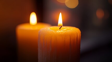 Warm glow of lit candle with melting wax in low light