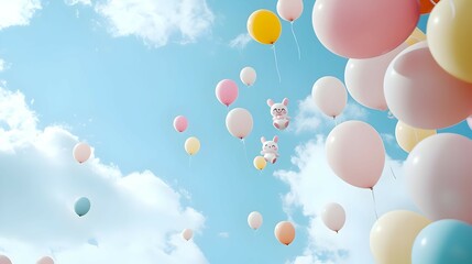 Fototapeta premium Pastel Balloons With Cute Animals In Sky