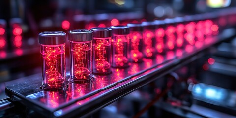 Bright red vials on a conveyor belt in a high-tech laboratory at night