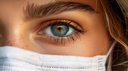 Close-up of eye with protective mask reflecting awareness and health precautions. National Facial Protection Month