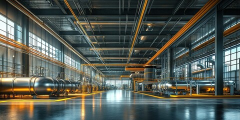 Industrial facility showcasing modern piping and machinery under bright indoor lighting during daytime