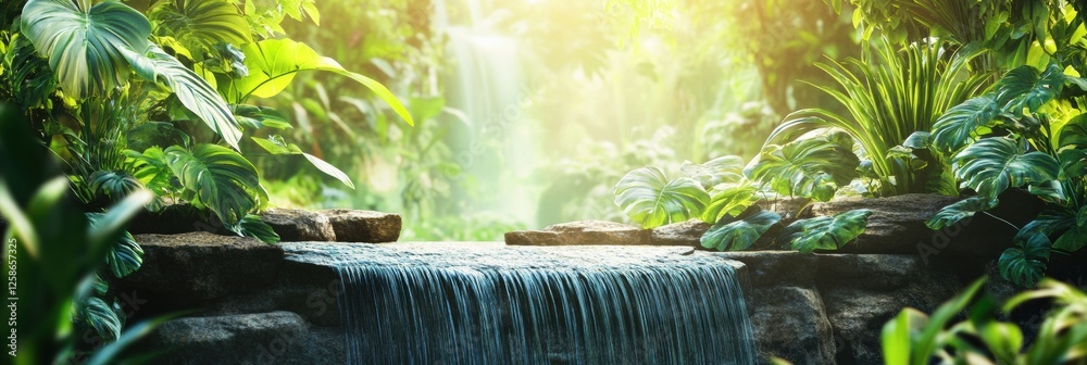 Aufkleber serene waterfall flowing through lush green rainforest during bright daylight. generative ai