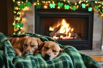 Fototapeta na wymiar Cozy dogs napping by fireplace with st. patrick's day decorations