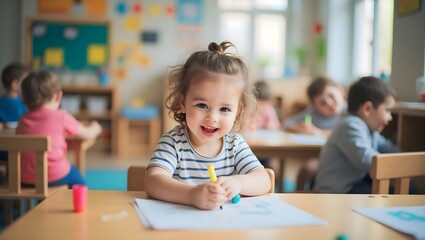 Fototapeta premium Happy Young Girl Drawing in a Colorful Kindergarten Classroom 