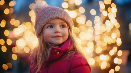 Female child enjoying festive holiday lights outdoors