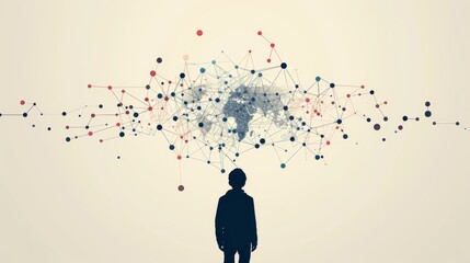 A futuristic digital illustration of a silhouetted figure standing before a global network of connected dots and lines, symbolizing technology, communication, and digital connectivity. AI generated.