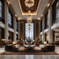 Luxurious hotel lobby featuring high ceilings and a large chandelier in an elegant setting