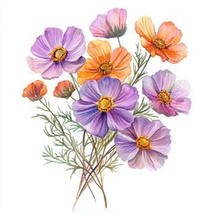 Fototapeta premium Watercolor Bouquet Of Mixed Cosmos Flowers