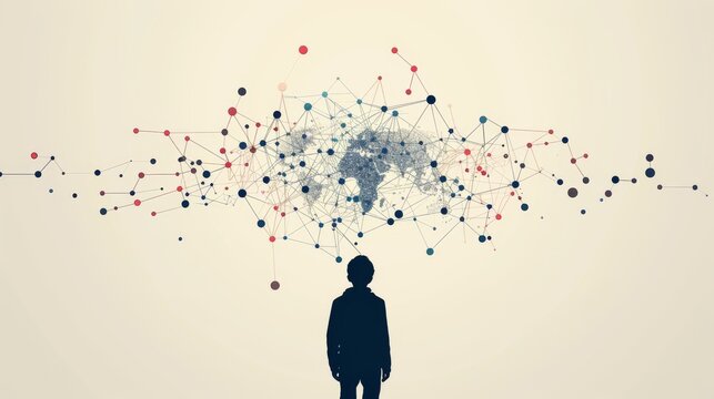 A futuristic digital illustration of a silhouetted figure standing before a global network of connected dots and lines, symbolizing technology, communication, and digital connectivity. AI generated.