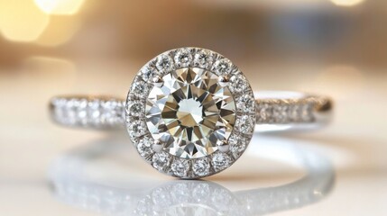 Elegant diamond engagement ring with halo setting on reflective surface