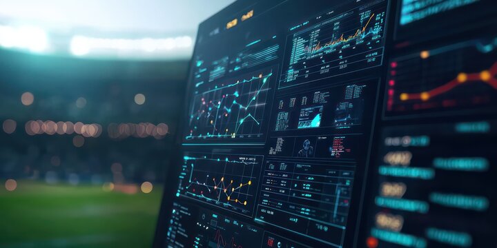 A sports analytics dashboard showing player performance and game statistics with vibrant visuals.