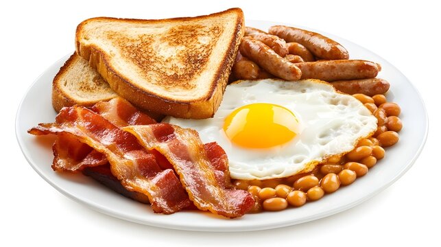 A Traditional English Breakfast with Fried Eggs, Bacon, Sausages, and Toast
