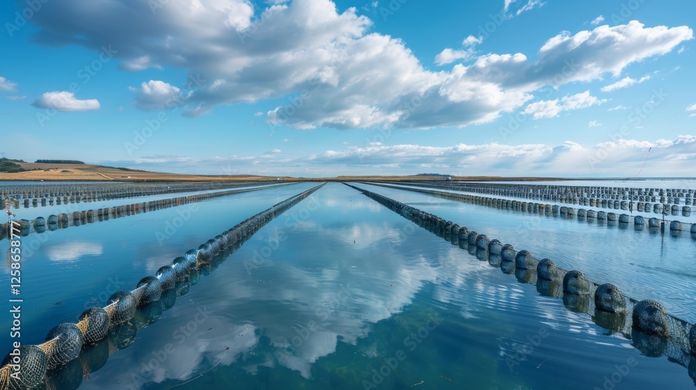 Poster Rows of floating aquaculture equipment are set against a backdrop of serene waters reflecting scattered clouds on a clear early afternoon. The scene showcases sustainable farming.