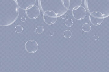 Bubble PNG. Set of realistic soap bubbles. Bubbles are located on a transparent background. Vector flying soap bubbles. Water glass bubble realistic png