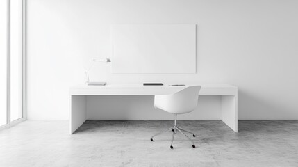 Minimalist White Office Desk Setup Modern Chair Blank Canvas