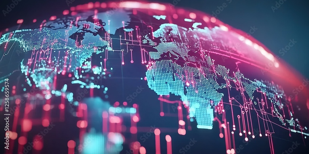Poster digital globe representation showing interconnected networks and global data flow in a futuristic de