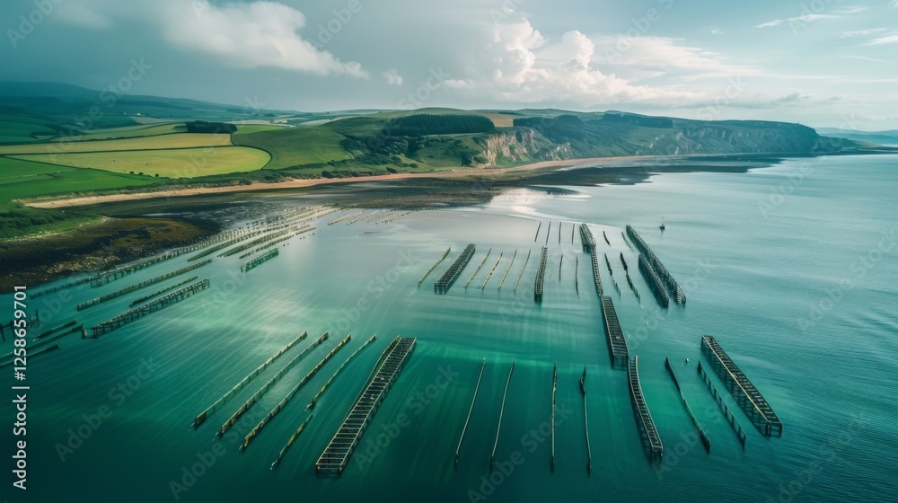 Poster Wooden structures jut out from the turquoise waters, creating an intriguing pattern against a backdrop of lush green hills and a wide sandy beach under a clear sky.