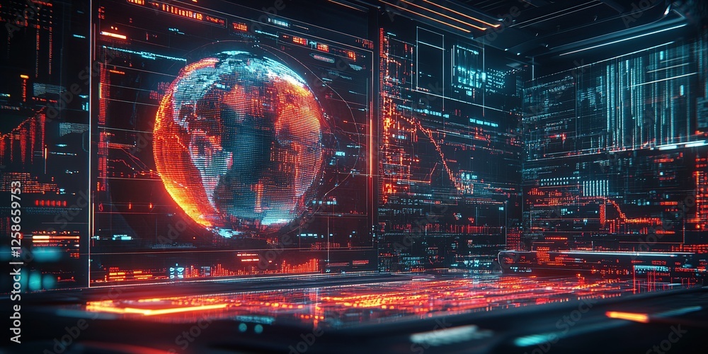 Poster vivid digital display of a global map and data analytics in a futuristic environment