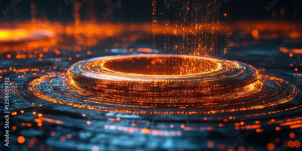 Poster dynamic display of glowing orange particles rising from a circular structure against a dark backgrou