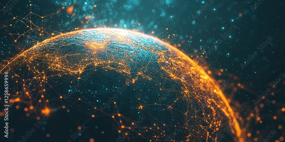 Poster visual representation of interconnected global networks displayed on earth with glowing lines and pa