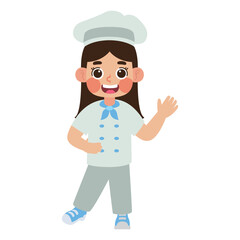 Girl in chef hat and uniform ready for cooking class or restaurant work. Perfect for culinary school brochure or cooking blog