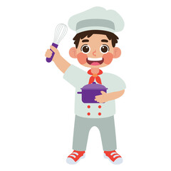 Chef holds whisk and pot, perfect for culinary blog, cooking website, recipe book, kitchen poster, or food related design project