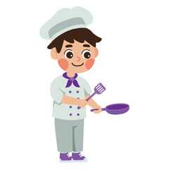 Boy chef happily cooking with spatula and pan, perfect for food blogs, cooking classes, kids cooking shows, and restaurant promotions