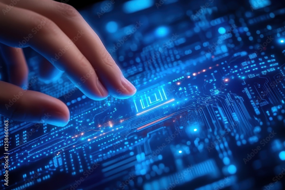 Poster exploring a digital circuit board with a hand reaching towards glowing components in a technology se