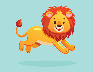 A baby lion cartoon running simple flat design.