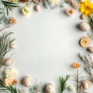 Easter eggs and spring flowers on white background. Holiday and spring season concept. Top view for banner, card, poster, flyer, invitation, and advertising with copy space.