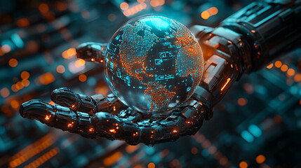 Cyberpunk robot hand holding holographic globe surrounded by rotating digital interfaces and virtual elements, future technologies