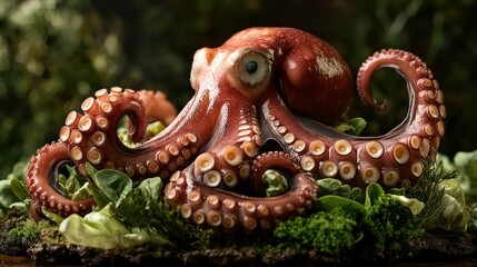 Obraz premium A meticulously presented octopus rests on a vibrant bed of greens, showcasing culinary artistry with contrasting textures and flavors.