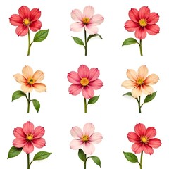 A pattern of spring pink and yellow flowers on a white background.