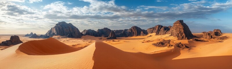 Panoramic view of the desert in central Africa, with vast sand dunes and rock formations