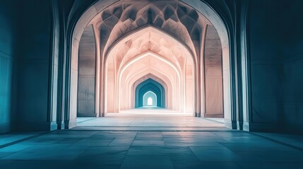 Fototapeta premium Serene architectural passage with illuminated arches leading to a distant light, evoking tranquility