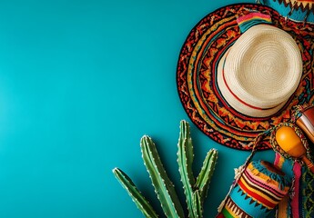 Cinco de mayo Mexican party background with sombrero hat, maracas, and cactus on a blue table