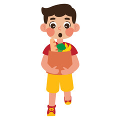 Boy holding a brown paper bag with groceries inside. Suitable for food delivery, eco friendly shopping, community support, grocery shopping concept