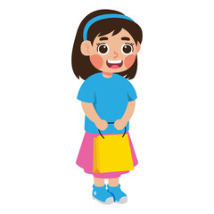 Young girl happily holding yellow shopping bag outdoors. Suitable for retail, shopping, consumerism, fashion, and lifestyle concepts in advertising and social media.