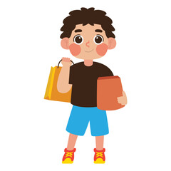 Boy holding a yellow bag and a red box, suitable for back to school, gift giving, shopping, or childhood themed designs