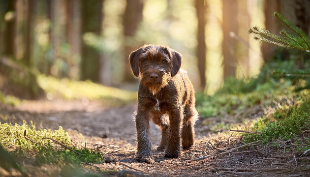 curious wirehaired pointing griffon puppy exploring forest trail in natural light