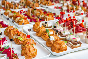 Catering buffet or service with different snacks, appetizers and canapes on a table. Variety of Freshly Prepared Catering Food for an Event.